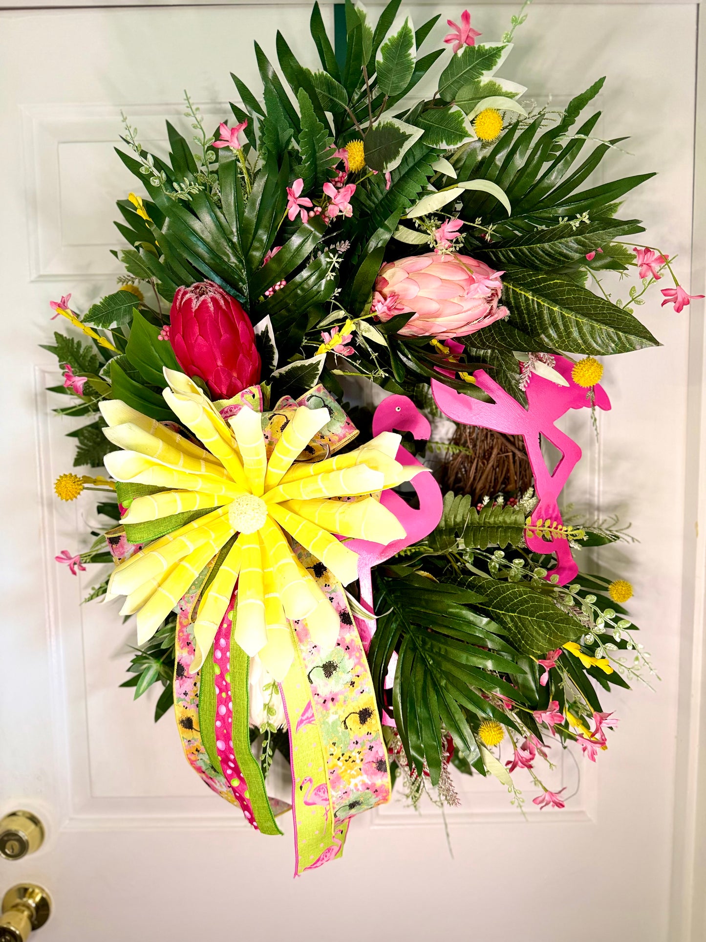 Tropical Flamingo Wreath – Spring/Summer Door Decor with Hot Pink Ribbon + Palm Leaves