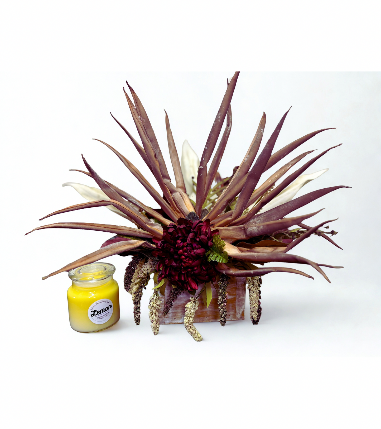 Rustic FarmHouse Floral Arrangement-Dahlia Centerpiece with Desert Palm Fronds, Farmhouse Decor,