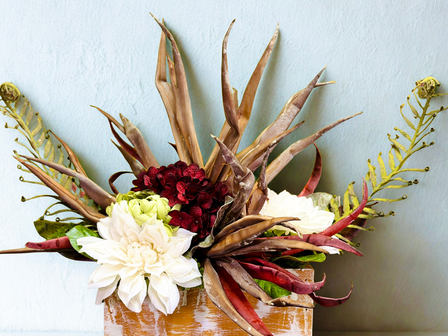 Rustic Desert Floral Arrangement – White Dahlia & Palm Frond Centerpiece in Weathered Wood Planter, Farmhouse Table Decor