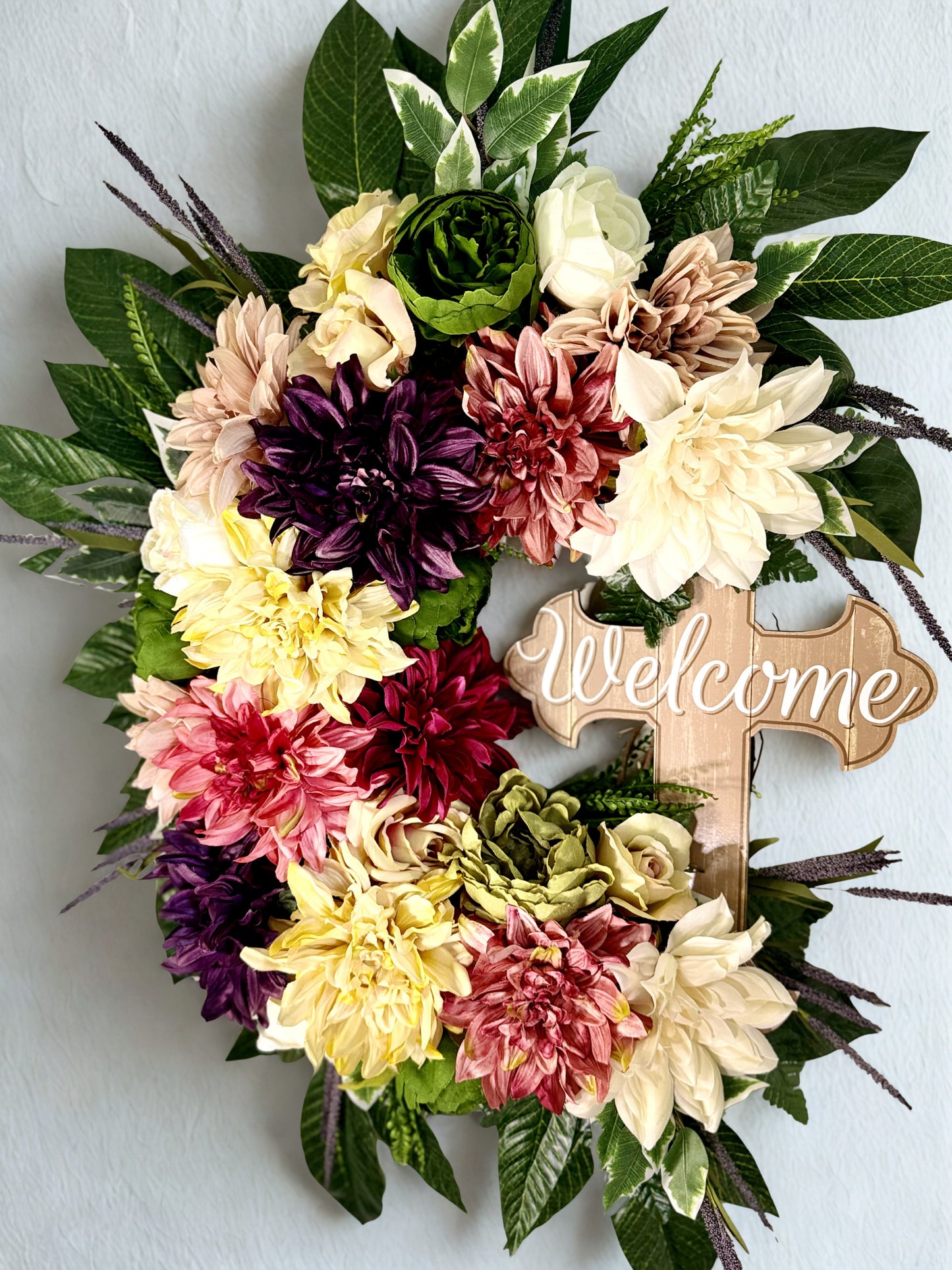 32” Colorful Floral Wreath with Welcome Cross – Large Front Door Wreath, Faith-Based Home Decor, Spring Summer Wreath, Everyday Door Hanger