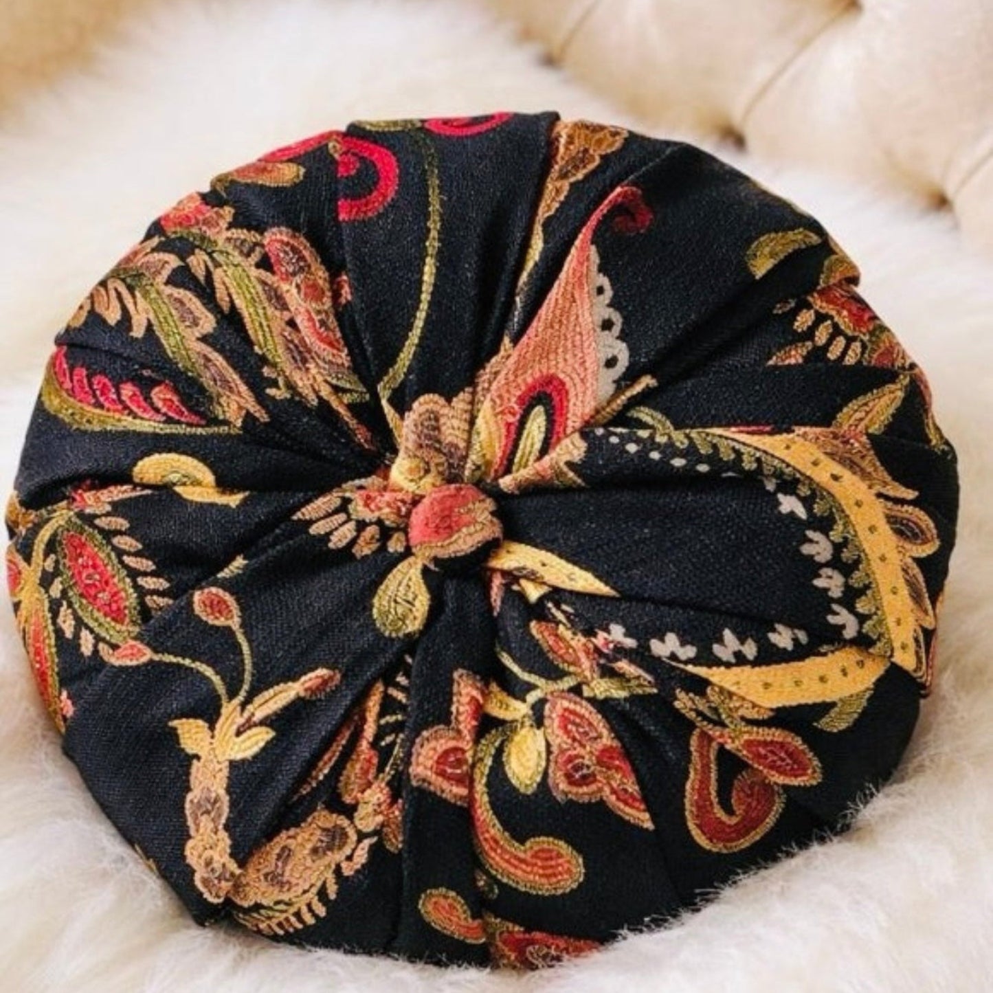 16” Handmade Tufted Decorative Pillow – Luxury Black & Gold Accent Pillow, Round Designer Throw Pillow, Elegant Vintage Inspired Home Decor
