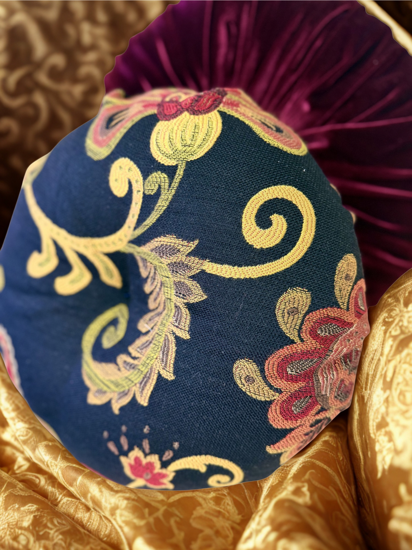 16” Handmade Tufted Decorative Pillow – Luxury Black & Gold Accent Pillow, Round Designer Throw Pillow, Elegant Vintage Inspired Home Decor