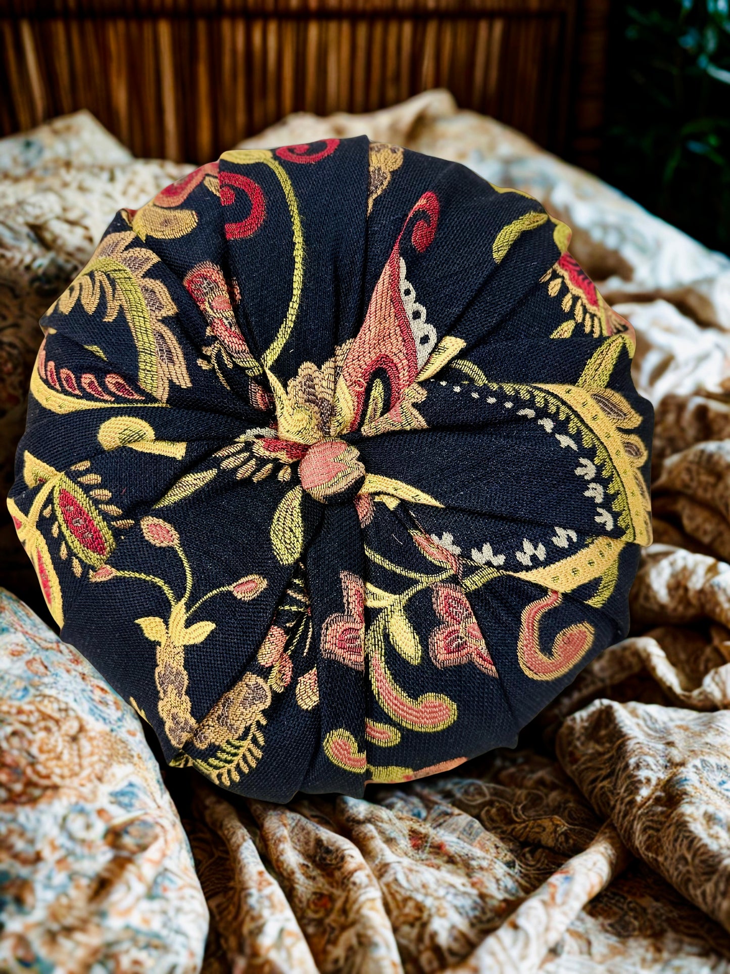 16” Handmade Tufted Decorative Pillow – Luxury Black & Gold Accent Pillow, Round Designer Throw Pillow, Elegant Vintage Inspired Home Decor