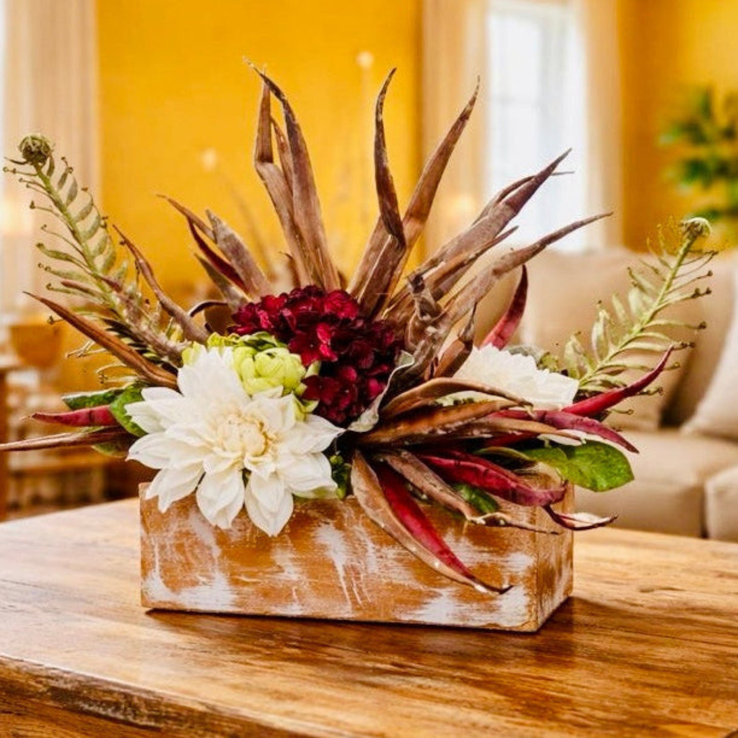 Rustic Desert Floral Arrangement – White Dahlia & Palm Frond Centerpiece in Weathered Wood Planter, Farmhouse Table Decor
