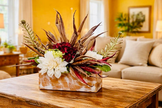 Rustic Desert Floral Arrangement – White Dahlia & Palm Frond Centerpiece in Weathered Wood Planter, Farmhouse Table Decor