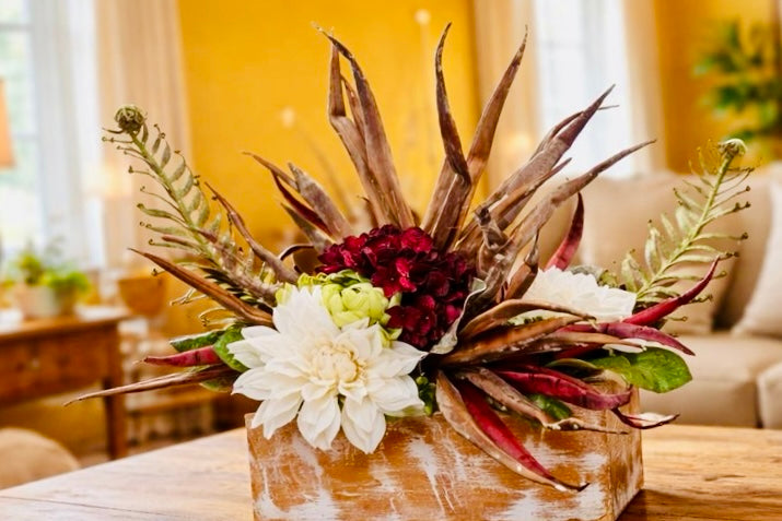 Rustic Desert Floral Arrangement – White Dahlia & Palm Frond Centerpiece in Weathered Wood Planter, Farmhouse Table Decor