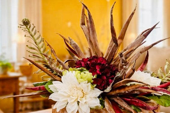 Rustic Desert Floral Arrangement – White Dahlia & Palm Frond Centerpiece in Weathered Wood Planter, Farmhouse Table Decor