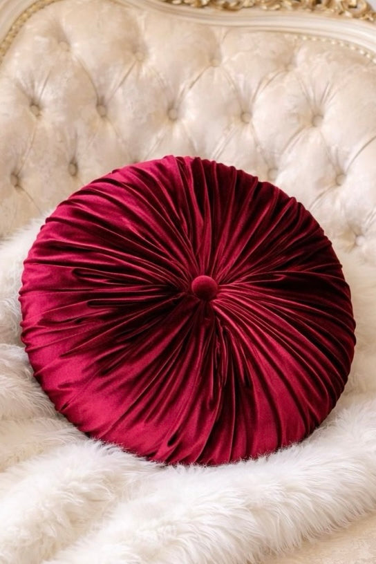 18” Handmade Burgundy  Tufted Pillow | Round Pleated Accent Cushion | Luxury Glam Home Décor | Decorative Throw Pillow