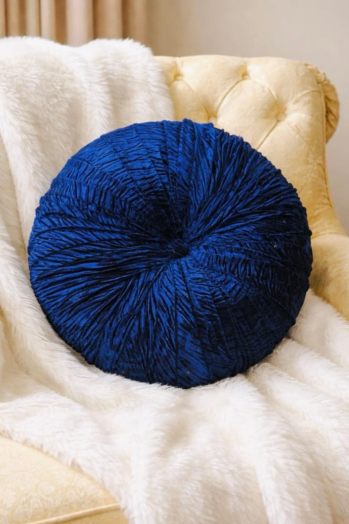 18” Handmade Royal Blue Tufted Pillow | Round Velvet Accent Cushion | Luxury Decorative Throw Pillow | Glam Home Décor