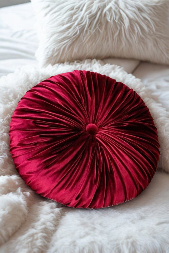 18” Handmade Burgundy  Tufted Pillow | Round Pleated Accent Cushion | Luxury Glam Home Décor | Decorative Throw Pillow