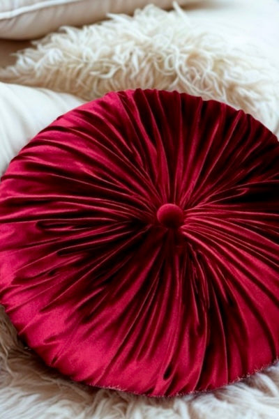 18” Handmade Burgundy  Tufted Pillow | Round Pleated Accent Cushion | Luxury Glam Home Décor | Decorative Throw Pillow