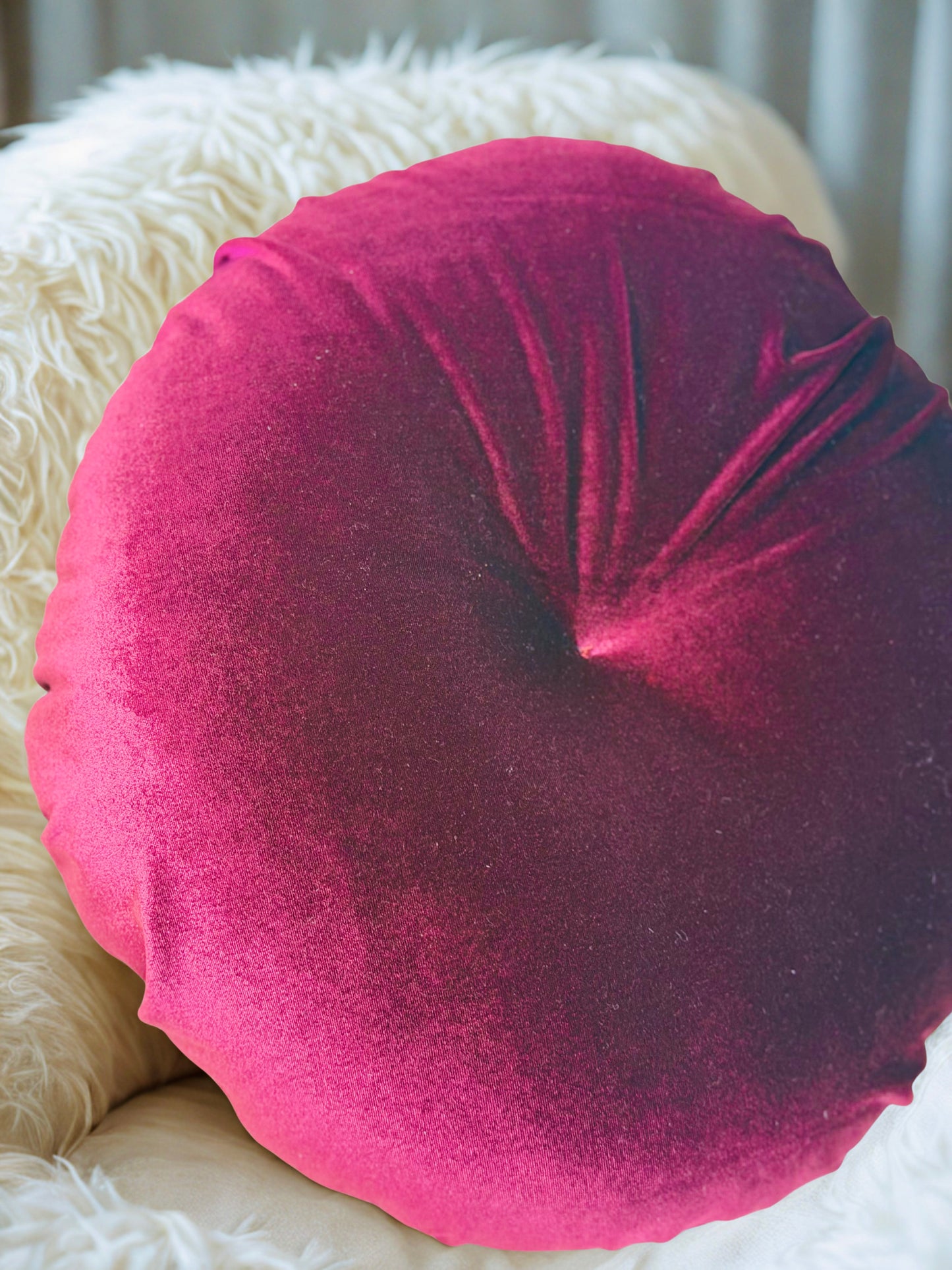 18” Handmade Burgundy  Tufted Pillow | Round Pleated Accent Cushion | Luxury Glam Home Décor | Decorative Throw Pillow