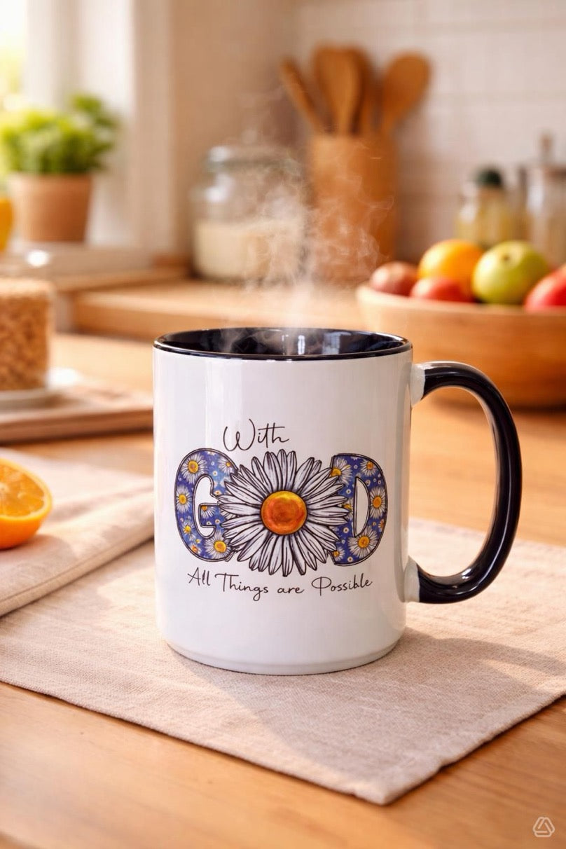 With God All Things Are Possible Mug – Inspirational Floral Coffee Cup, Christian Gift Mug, Faith-Based Daisy Mug, Motivational Tea Cup