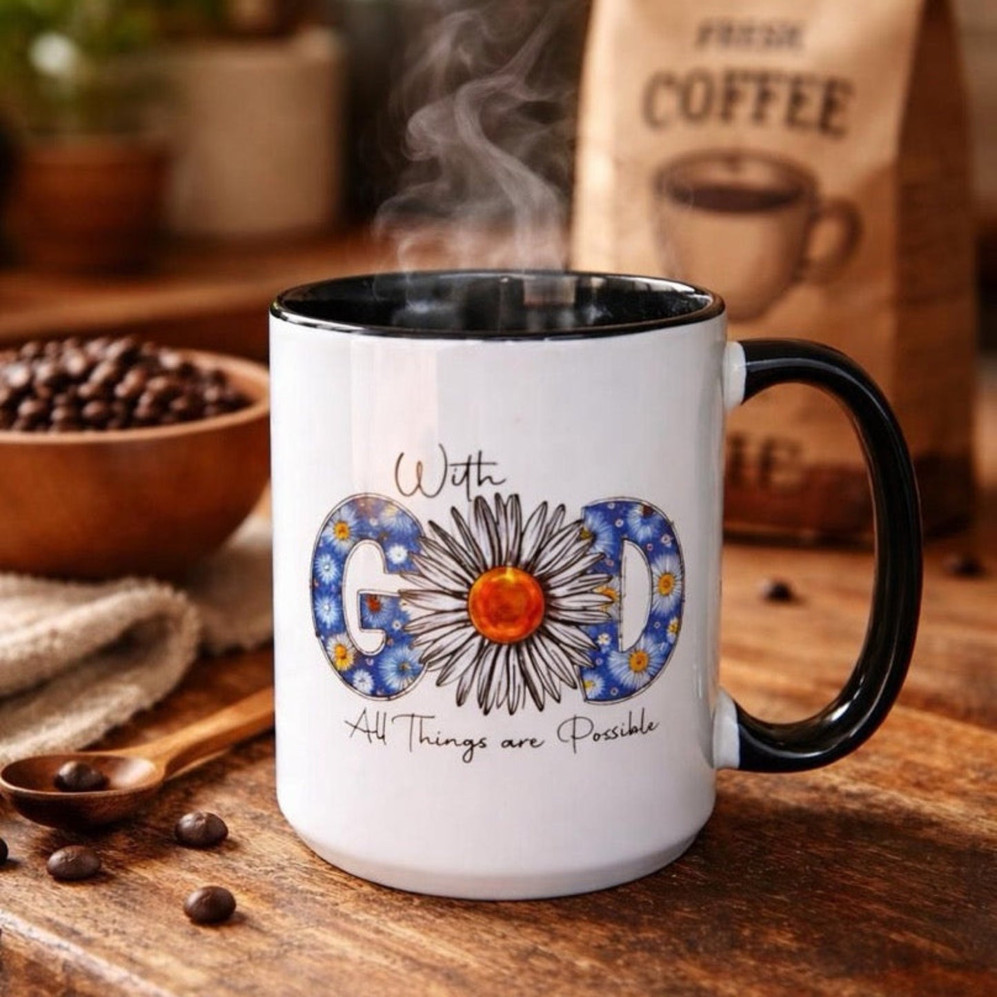 With God All Things Are Possible Mug – Inspirational Floral Coffee Cup, Christian Gift Mug, Faith-Based Daisy Mug, Motivational Tea Cup