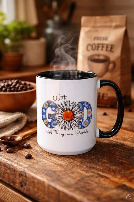 With God All Things Are Possible Mug – Inspirational Floral Coffee Cup, Christian Gift Mug, Faith-Based Daisy Mug, Motivational Tea Cup