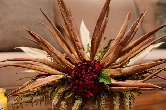 Rustic FarmHouse Floral Arrangement-Dahlia Centerpiece with Desert Palm Fronds, Farmhouse Decor,