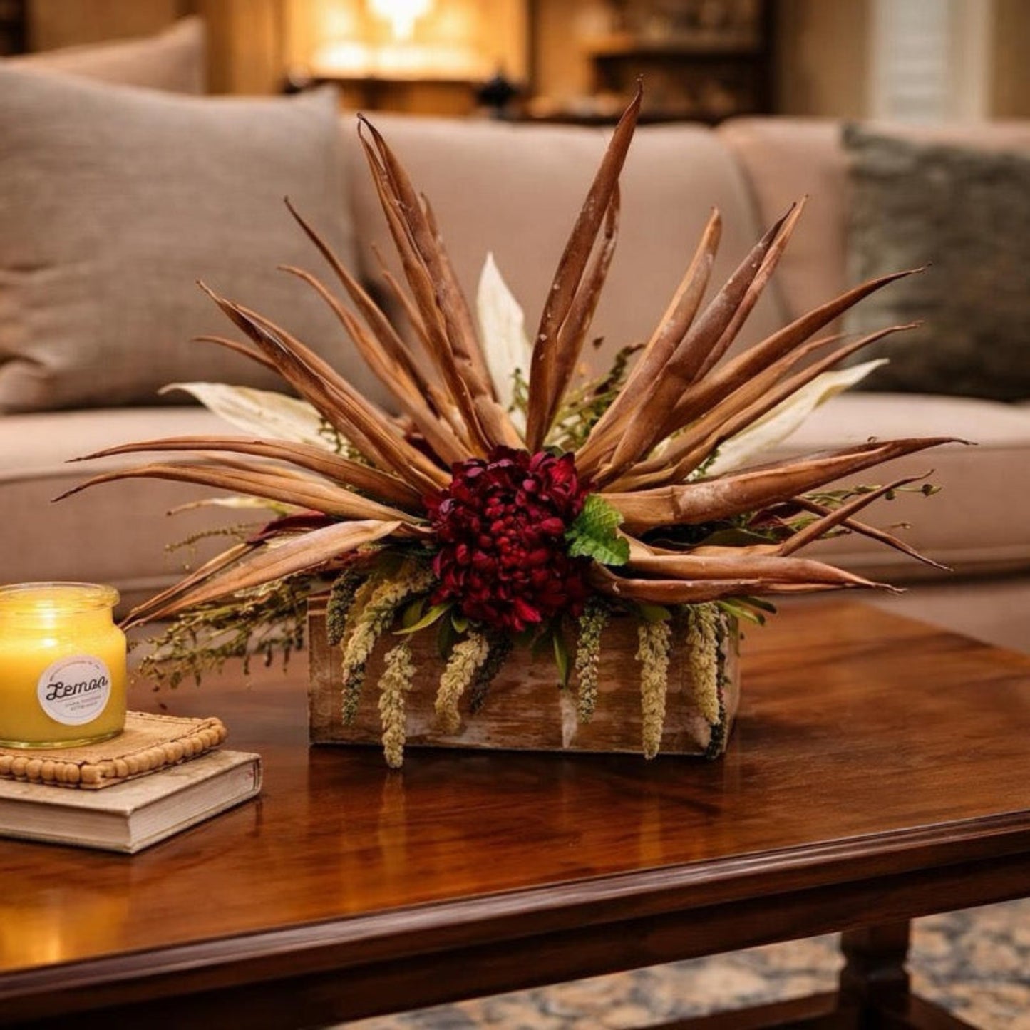 Rustic FarmHouse Floral Arrangement-Dahlia Centerpiece with Desert Palm Fronds, Farmhouse Decor,