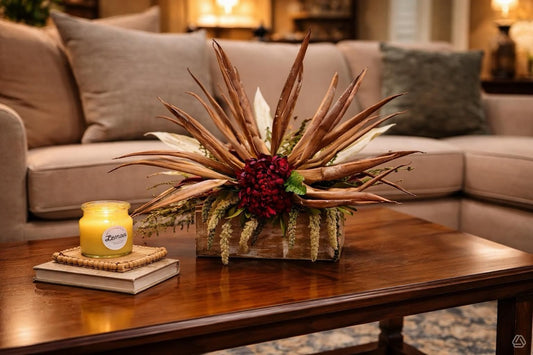 Rustic FarmHouse Floral Arrangement-Dahlia Centerpiece with Desert Palm Fronds, Farmhouse Decor,