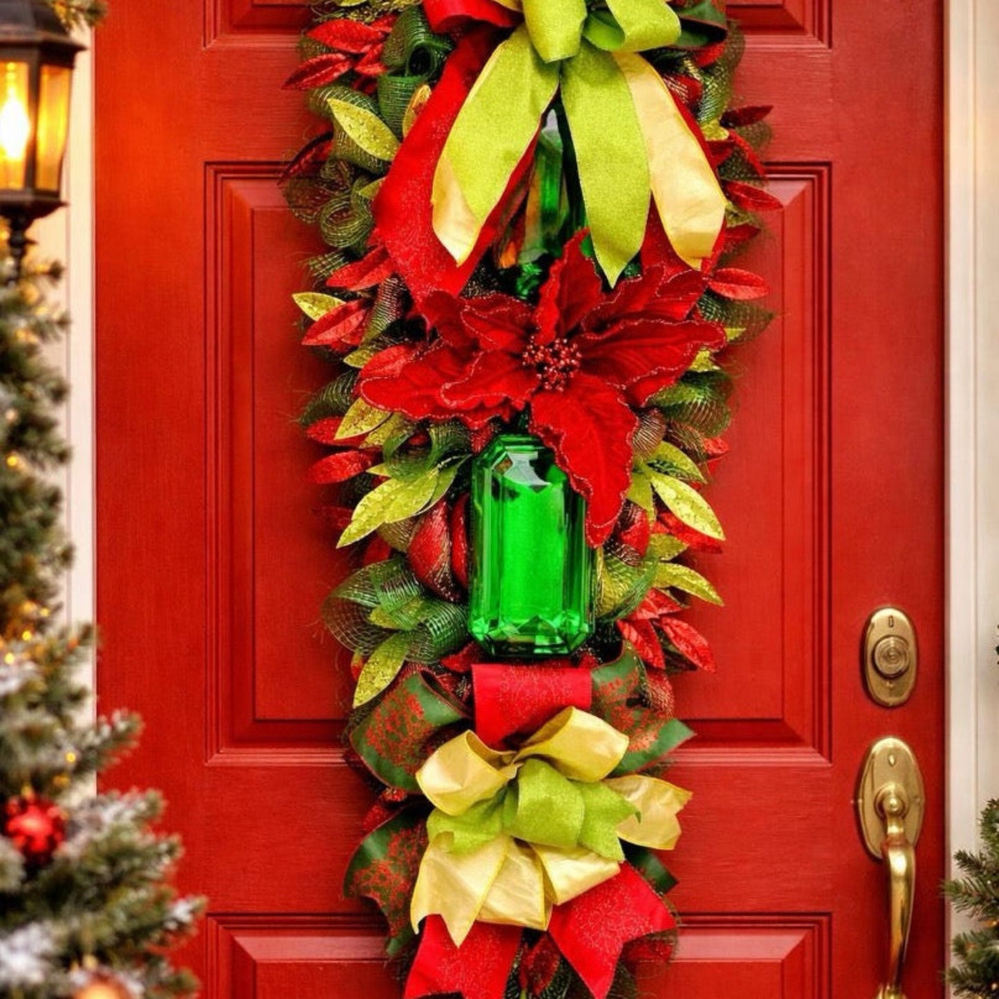 Luxury Christmas Swag Wreath with Giant Emerald Gem & Poinsettias – Oversized Door Decor