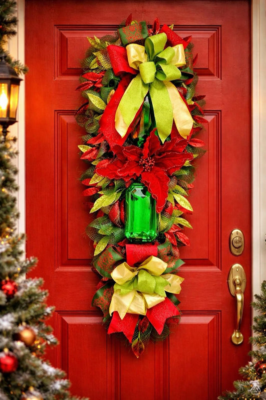 Luxury Christmas Swag Wreath with Giant Emerald Gem & Poinsettias – Oversized Door Decor