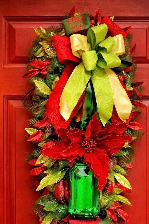 Luxury Christmas Swag Wreath with Giant Emerald Gem & Poinsettias – Oversized Door Decor