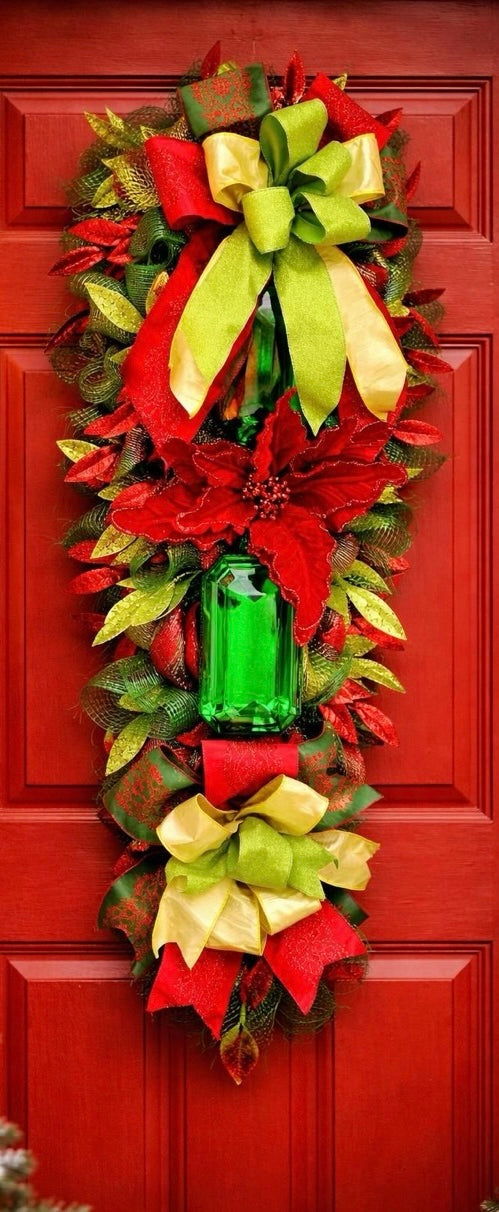 Luxury Christmas Swag Wreath with Giant Emerald Gem & Poinsettias – Oversized Door Decor