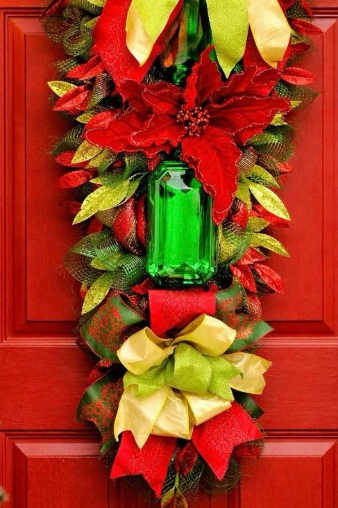 Luxury Christmas Swag Wreath with Giant Emerald Gem & Poinsettias – Oversized Door Decor