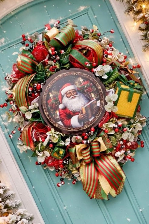 Luxury Santa Christmas Wreath | Elegant Holiday Front Door Decor | Designer Christmas Wreath | Traditional Santa Claus Wreath | One of a Kind Holiday Decor