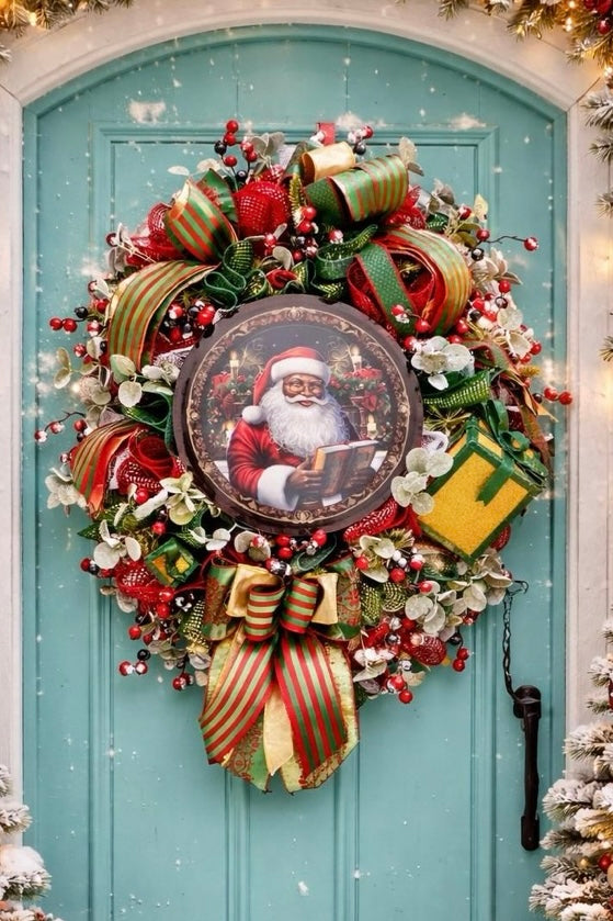 Luxury Santa Christmas Wreath | Elegant Holiday Front Door Decor | Designer Christmas Wreath | Traditional Santa Claus Wreath | One of a Kind Holiday Decor