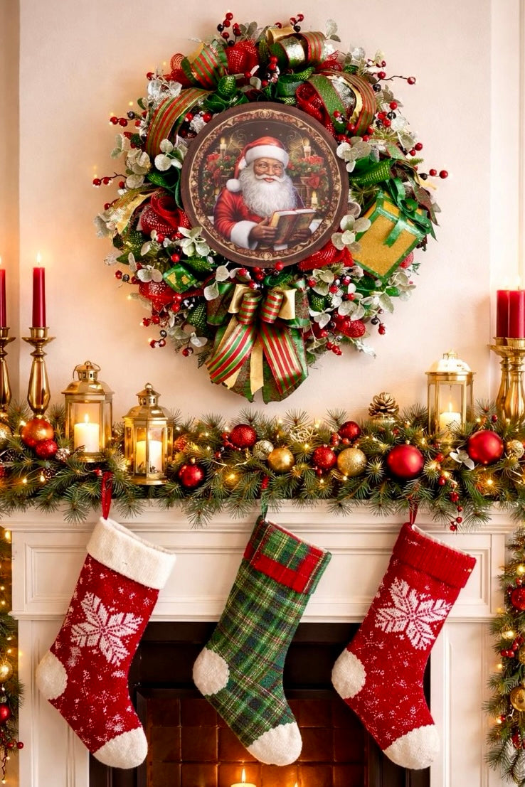 Luxury Santa Christmas Wreath | Elegant Holiday Front Door Decor | Designer Christmas Wreath | Traditional Santa Claus Wreath | One of a Kind Holiday Decor