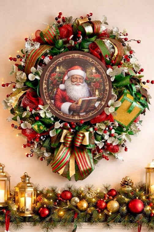Luxury Santa Christmas Wreath | Elegant Holiday Front Door Decor | Designer Christmas Wreath | Traditional Santa Claus Wreath | One of a Kind Holiday Decor
