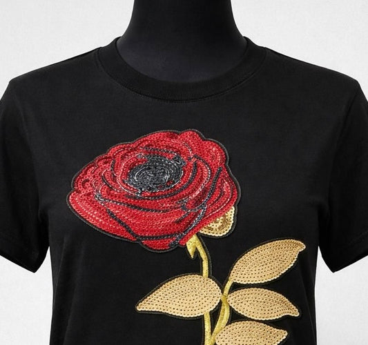 Beige Graphic Rose T-Shirt – Sequin Embroidered Floral Tee for Women & Teens