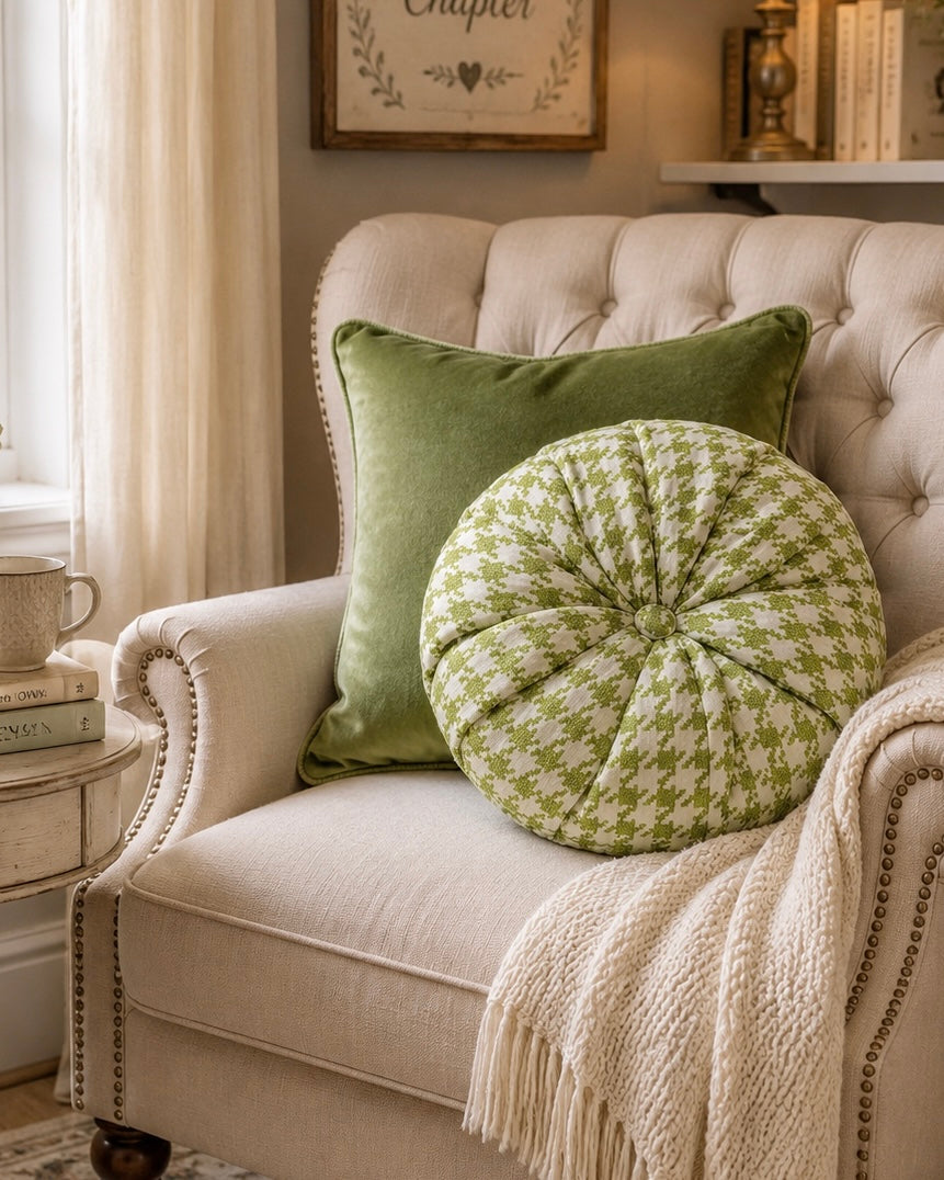 18” Handmade Round Tufted Pillow – Sage Green Accent Pillow, Cottage Chic Throw Pillow, Elegant Decorative Cushion, Luxury Handmade Home Decor
