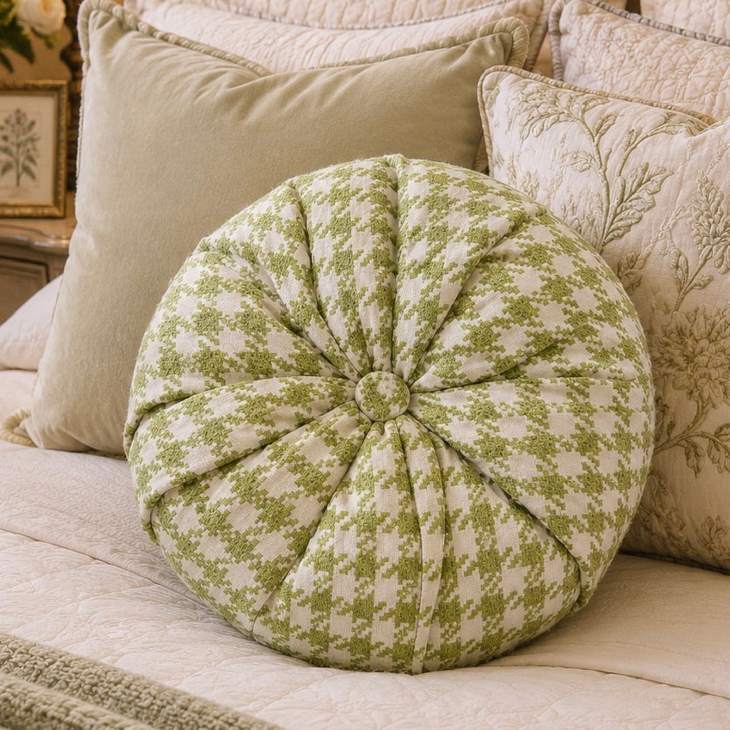 18” Handmade Round Tufted Pillow – Sage Green Accent Pillow, Cottage Chic Throw Pillow, Elegant Decorative Cushion, Luxury Handmade Home Decor