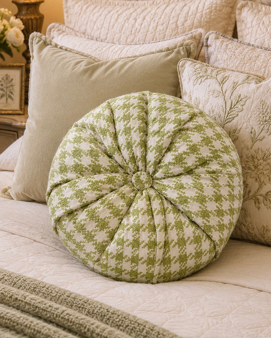 18” Handmade Round Tufted Pillow – Sage Green Accent Pillow, Cottage Chic Throw Pillow, Elegant Decorative Cushion, Luxury Handmade Home Decor