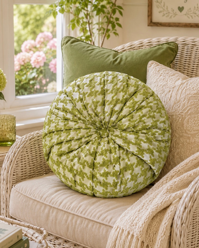 18” Handmade Round Tufted Pillow – Sage Green Accent Pillow, Cottage Chic Throw Pillow, Elegant Decorative Cushion, Luxury Handmade Home Decor