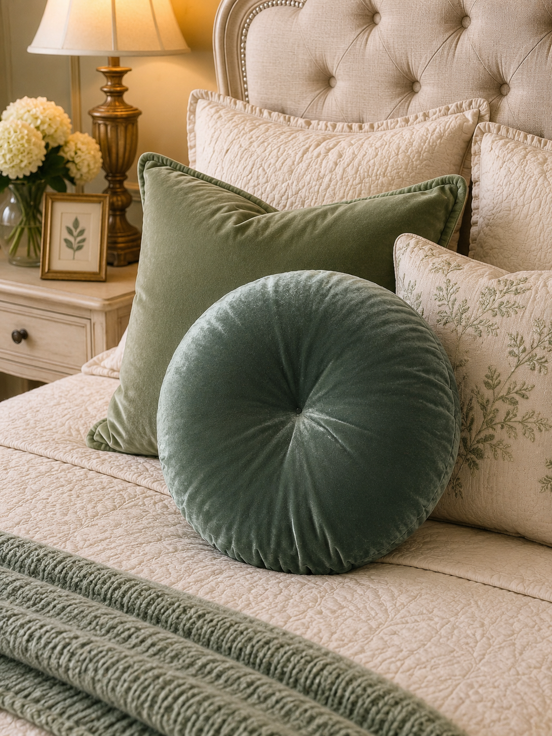 18 Inch Sage Green Velvet Round Tufted Pillow | Handmade Luxe Throw Pillow | Elegant Velvet Cushion | Glam Home Decor Accent