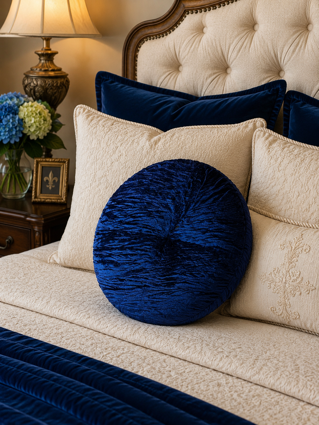 16” Handmade Royal Blue Tufted Pillow | Round Velvety Accent Cushion | Luxury Decorative Throw Pillow | Glam Home Décor