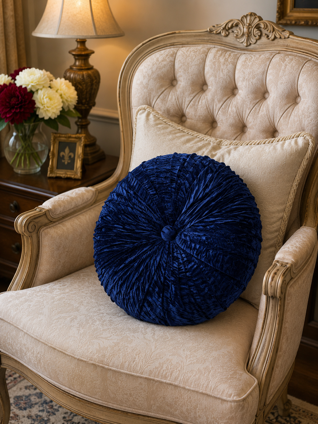 16” Handmade Royal Blue Tufted Pillow | Round Velvety Accent Cushion | Luxury Decorative Throw Pillow | Glam Home Décor