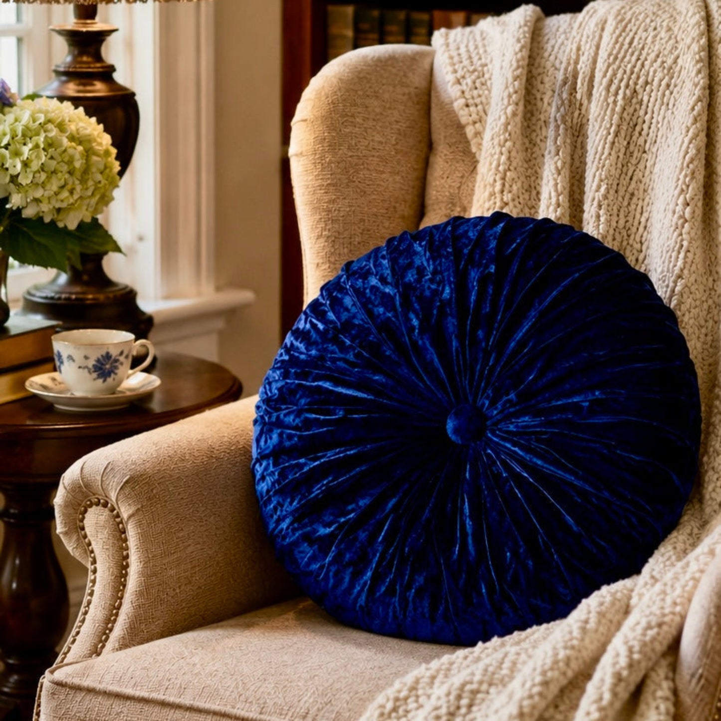 16” Handmade Royal Blue Tufted Pillow | Round Velvety Accent Cushion | Luxury Decorative Throw Pillow | Glam Home Décor