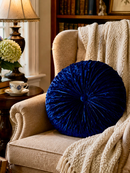 18” Handmade Royal Blue Tufted Pillow | Round Velvet Accent Cushion | Luxury Decorative Throw Pillow | Glam Home Décor