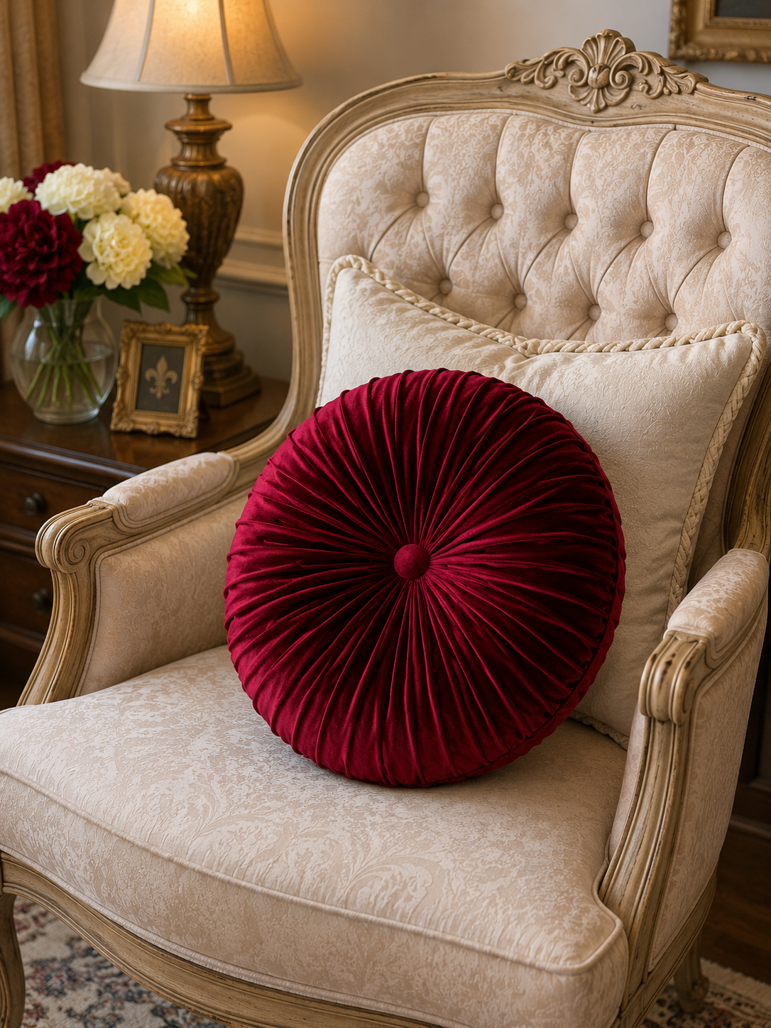 18” Handmade Burgundy  Tufted Pillow | Round Pleated Accent Cushion | Luxury Glam Home Décor | Decorative Throw Pillow
