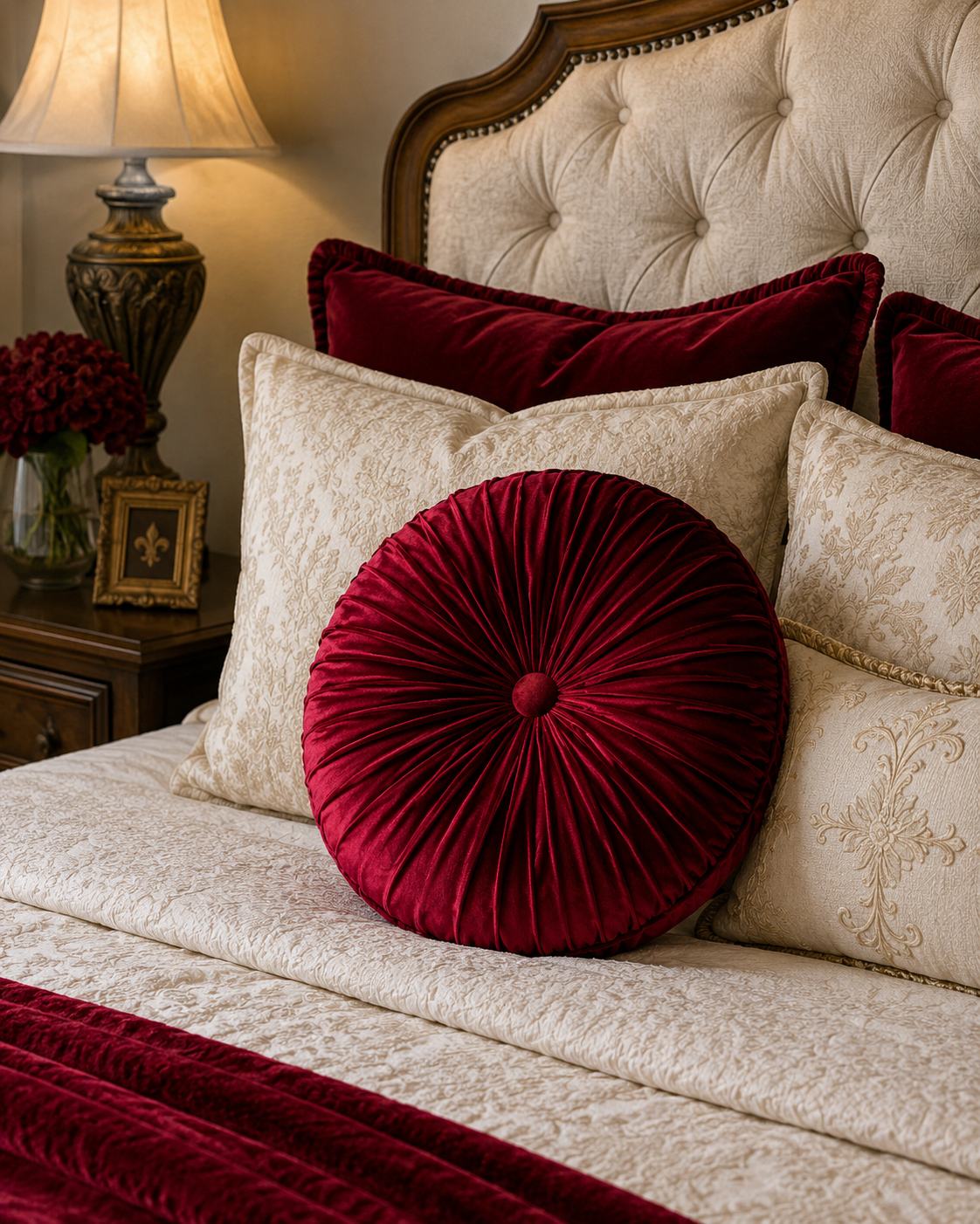 18” Handmade Burgundy  Tufted Pillow | Round Pleated Accent Cushion | Luxury Glam Home Décor | Decorative Throw Pillow