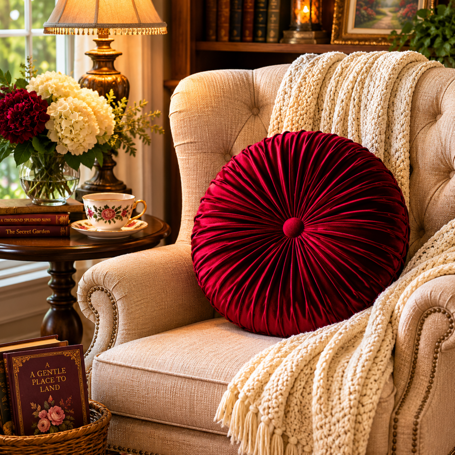18” Handmade Burgundy  Tufted Pillow | Round Pleated Accent Cushion | Luxury Glam Home Décor | Decorative Throw Pillow