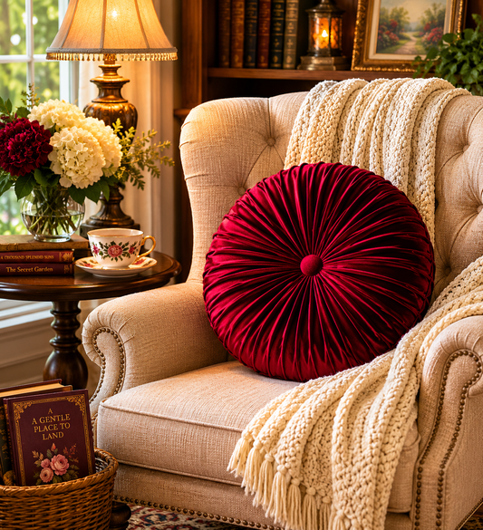 18” Handmade Burgundy  Tufted Pillow | Round Pleated Accent Cushion | Luxury Glam Home Décor | Decorative Throw Pillow