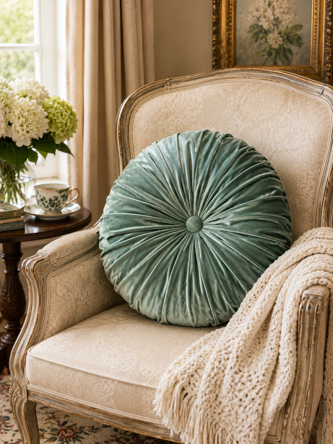 18 Inch Sage Green Velvet Round Tufted Pillow | Handmade Luxe Throw Pillow | Elegant Velvet Cushion | Glam Home Decor Accent