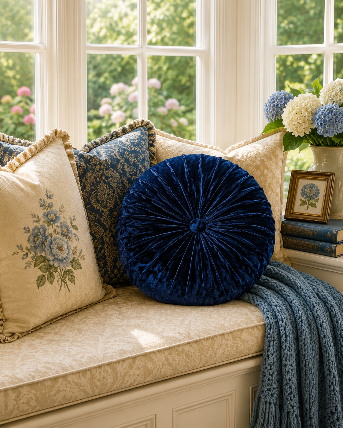 16” Handmade Royal Blue Tufted Pillow | Round Velvety Accent Cushion | Luxury Decorative Throw Pillow | Glam Home Décor