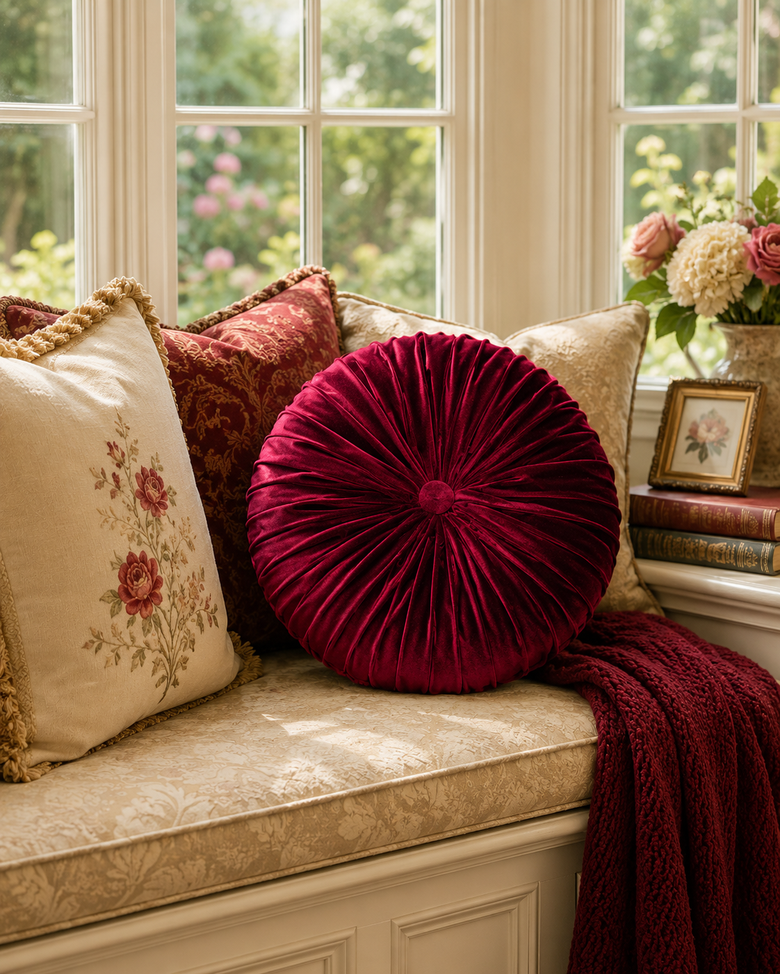 18” Handmade Burgundy  Tufted Pillow | Round Pleated Accent Cushion | Luxury Glam Home Décor | Decorative Throw Pillow