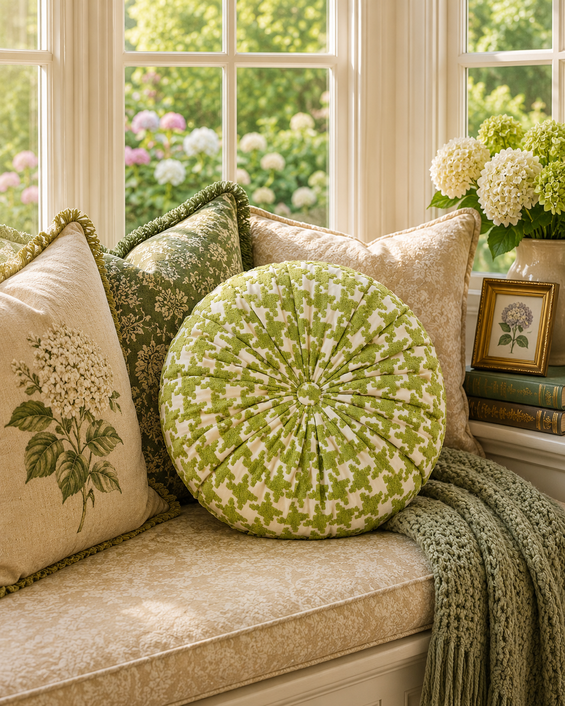 18” Handmade Round Tufted Pillow – Sage Green Accent Pillow, Cottage Chic Throw Pillow, Elegant Decorative Cushion, Luxury Handmade Home Decor