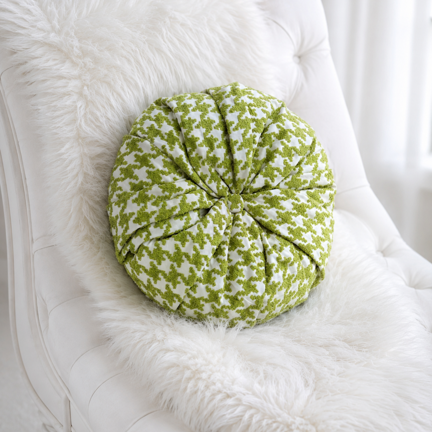 18” Handmade Round Tufted Pillow – Sage Green Accent Pillow, Cottage Chic Throw Pillow, Elegant Decorative Cushion, Luxury Handmade Home Decor
